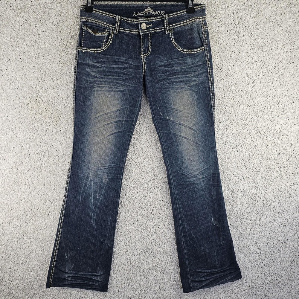 Vintage Almost Famous Low Rise Boot Cut Denim Jeans Distressed 9 32x30 Raw Hem